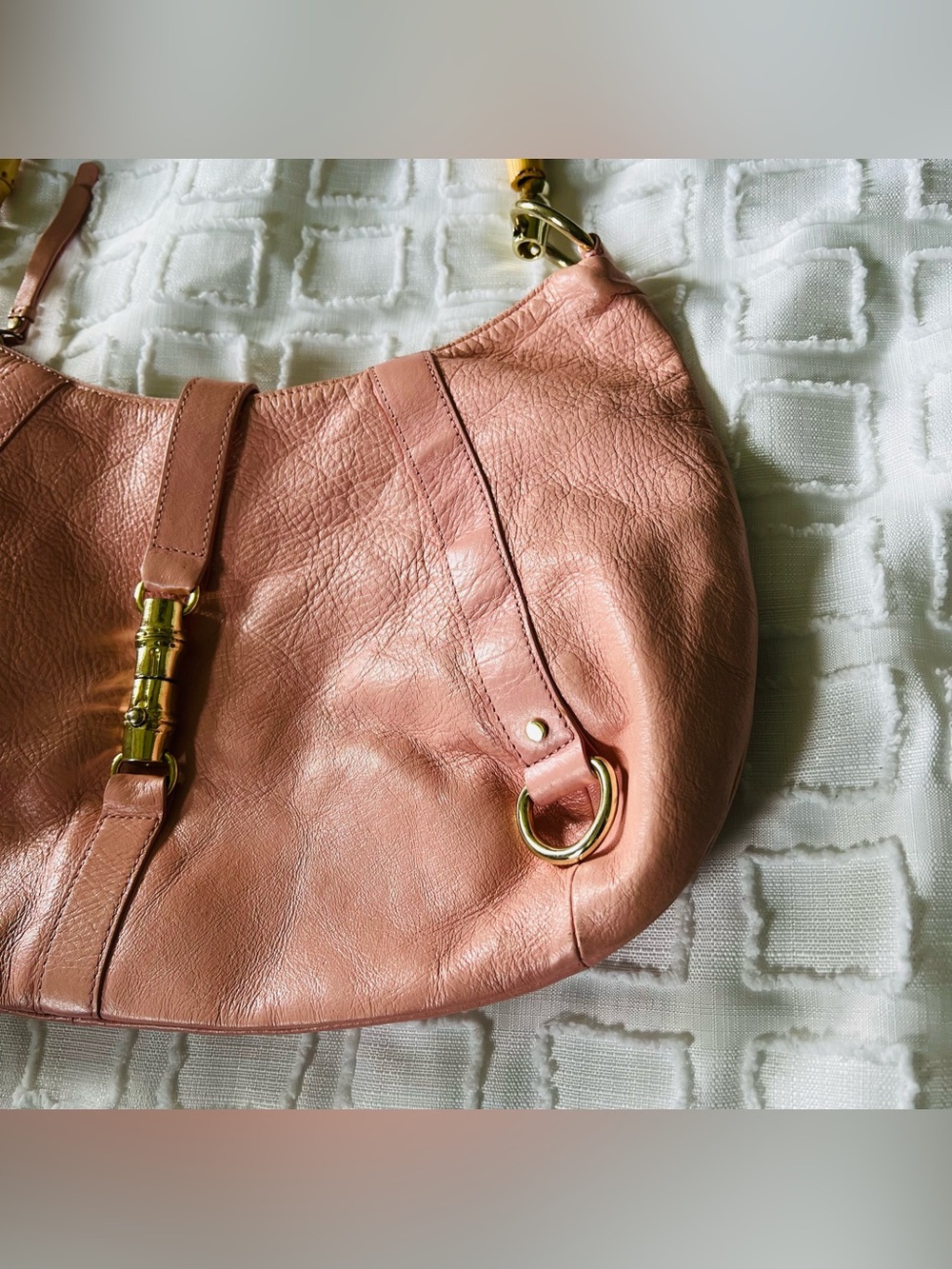 Banana Republic Vintage Salmon Pink Leather Y2K 2000 Bamboo Handle Shoulder Bag - Picture 2 of 16